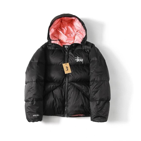 Stussy Black And Pink Contrast Hooded Down Jacket - Picture 1 of 9